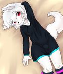  5_fingers arctic_fox blush bulge canine clothing cub fox fur hair hand_behind_head hoodie legwear lying male mammal on_back red_eyes saru_gundan solo stockings white_fur white_hair young 