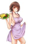  apron apron_lift bangs blunt_bangs blush breasts brown_hair cleavage covered_nipples food food_request kongara large_breasts looking_at_viewer medium_breasts mole mole_under_eye naked_apron red_eyes short_hair side_slit sideboob solo thighs white_background yat_sen_(zhan_jian_shao_nyu) zhan_jian_shao_nyu 