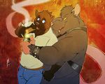  2016 anthro bdsm big_penis black_fur blue_eyes brown_fur cigar clothed clothing digital_media_(artwork) donryu duo fur harness lighter male mammal mustelid open_mouth penis pink_nose rat rodent smile smoke smoking standing transformation wolverine wrist_cuff 