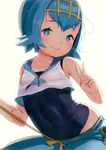 blue_eyes blue_hair blue_sailor_collar bright_pupils covered_navel crop_top hairband hideousbeing looking_at_viewer one-piece_swimsuit pants pokemon pokemon_(game) pokemon_sm ribbon-trimmed_pants ribbon_trim sailor_collar school_swimsuit short_hair simple_background sleeveless smile solo suiren_(pokemon) swimsuit trial_captain v white_background 