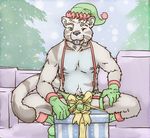  anthro balls boots bulge cat christmas clothed clothing crouching digital_media_(artwork) erection feline footwear fur gloves hat holidays lavilovi looking_at_viewer male mammal nipples precum pubes siberian_tiger smile solo stripes suspenders thong tiger tongue tongue_out tree underwear white_fur 
