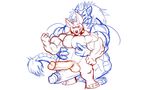  2016 4_fingers 5_toes anthro balls biceps big_biceps canine danandnite digital_drawing_(artwork) digital_media_(artwork) dog dragon duo erection flexing front_view fur grin hair horn huge_muscles humanoid_penis hyper hyper_penis male male/male mammal manly monochrome muscular nite_(danandnite) nude pecs penis plantigrade quads scalie simple_background sketch smile snout standing teeth toes triggs western_dragon white_background 