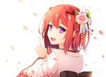  :d fang floral_print flower furisode hair_flower hair_ornament half_updo healther index_finger_raised japanese_clothes kimono looking_at_viewer looking_back new_year open_mouth original petals purple_eyes red_hair short_hair smile solo white_background 