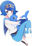  baggy_pants blue_eyes blue_hair blue_pants blue_sailor_collar capri_pants enelis gen_7_pokemon hairband hug looking_at_viewer pants pokemon pokemon_(creature) popplio ribbon-trimmed_pants ribbon_trim sailor_collar sandals short_hair slippers smile suiren_(pokemon) trial_captain white_background yellow_hairband 