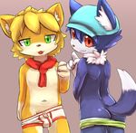  blonde_hair blue_fur blush boxers_(clothing) bulge butt canine cat clothing cub feline fur green_eyes hair hat looking_at_viewer male mammal navel neck_tuft red_eyes saru_gundan simple_background tan_fur tongue tongue_out tuft underwear wolf young 