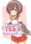  between_breasts blush breasts brown_hair detached_sleeves hairband kantai_collection looking_at_viewer natori_(kantai_collection) pillow pleated_skirt red_eyes red_skirt school_uniform serafuku short_hair skirt solo standing taishi_(moriverine) white_hairband yes yes-no_pillow 