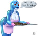  2017 alien amphibian anthro apron baking big_breasts big_butt blue_skin breasts butt christmas cleavage clothed clothing cookie digital_media_(artwork) female fin fish food gills gloves helium2 holidays huge_breasts huge_butt hylotl marine mittens red_eyes solo starbound video_games white_skin 