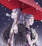  1girl breath character_request commentary_request copyright_request holding holding_umbrella japanese_clothes long_hair looking_up namuko oriental_umbrella purple_eyes purple_hair shared_umbrella short_sleeves snow snowing umbrella upper_body wide_sleeves winter yellow_eyes 