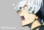  android black_choker blindfold choker copyright_name crying crying_with_eyes_open eyebrows_visible_through_hair face grey_background hair_over_one_eye hologram male_focus nier_(series) nier_automata nose open_mouth red_eyes sad silver_hair simple_background solo streaming_tears takuroo tears teeth yorha_no._9_type_s 