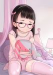  1girl bed bed_frame bed_sheet black_hair bow bow_panties child closed_mouth curtains earring female glasses hair_bow hairband hideousbeing holding lamp looking_at_viewer necklace original panties pillow pink_legwear pink_panties polka_dot polka_dot_shirt sitting smile solo stuffed_animal thighhighs underwear 