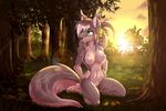  anthro breasts canine cloud detailed_background dog eyebrows eyelashes fan_character female fur grass green_eyes grey_hair hair hi_res mammal multicolored_fur nightangeltdc_(artist) nipples nude open_mouth outside paws pussy shadow sitting sky slim solo sun thick_thighs tongue tree 