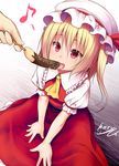  artist_name bangs blonde_hair chocolate_banana commentary_request dress eighth_note eyebrows_visible_through_hair fang feeding flandre_scarlet food frilled_shirt_collar frilled_sleeves frills hair_between_eyes haryuu_(poetto) hat highres holding holding_food long_hair musical_note open_mouth out_of_frame red_dress red_eyes sexually_suggestive short_sleeves signature sitting socks solo_focus sprinkles tongue touhou white_hat white_legwear 