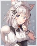  1girl :d animal_ear_fluff animal_ears ayuanlv bangs black_ribbon blue_eyes blush bow bowtie breasts brooch cat_ears cat_tail dated eyebrows_visible_through_hair final_fantasy final_fantasy_xiv hair_ribbon hand_up head_tilt highres jewelry looking_at_viewer maid_headdress medium_breasts miqo&#039;te miqo'te open_mouth puffy_short_sleeves puffy_sleeves ribbon shirt short_hair short_sleeves signature silver_hair slit_pupils smile snowflakes solo tail two-tone_background underbust upper_body upper_teeth white_shirt wrist_cuffs 