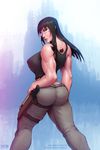  1girl ass barretxiii black_hair breasts female jormungand knife large_breasts long_hair muscle sofia_valmer solo tattoo weapon yellow_eyes 