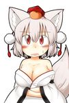 animal_ears bare_shoulders blush breast_hold breasts cleavage collarbone elu_butyo food food_on_head fruit fruit_on_head hat highres inubashiri_momiji japanese_clothes kimono large_breasts looking_at_viewer object_on_head off_shoulder open_mouth orange red_eyes short_hair silver_hair simple_background solo sweat tail tokin_hat touhou white_background wolf_ears wolf_tail 