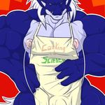  2016 4_fingers anthro apron biceps big_biceps blue_scales bottomless bulge claws clothed clothing colored danandnite digital_drawing_(artwork) digital_media_(artwork) dragon eastern_dragon flesh_whiskers front_view frown hair half-length_portrait humanoid_hands light looking_away male multicolored_scales muscular muscular_male nipples nite_(danandnite) pecs pink_nipples portrait quads red_background scales scalie shaded simple_background snout solo standing two_tone_scales white_claws white_hair 