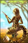  anthro blonde_hair cheetah day detailed_background eyelashes feline female fur grass hair holding_object holding_weapon mammal melee_weapon outside polearm pregnant smile solo sorafoxyteils spear spots spotted_fur weapon 