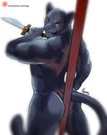  2016 anthro back_muscles biceps black_fur black_jaguar butt feline fur grin jaguar knife looking_at_viewer looking_back male mammal muscular muscular_male negger nude pole raised_arm signature simple_background solo standing white_background 