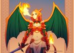  armor breasts breathing_fire charizard cleavage cowboy_shot dav-19 dragon_girl dragon_wings elbow_gloves fire gauntlets gen_1_pokemon gloves green_eyes horns lizard_tail long_hair medium_breasts midriff monster_girl navel orange_hair pauldrons pelvic_curtain personification pokemon shoulder_spikes solo spikes sword tail tail-tip_fire thighhighs watermark weapon web_address wings 