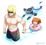  2boys abs ahoge armor berserker_(fate/zero) blonde_hair chibi fate/grand_order fate_(series) fatherly fujimaru_ritsuka_(female) innertube kaikodou_kana male_swimwear multiple_boys open_mouth orange_eyes orange_hair orange_scrunchie partially_submerged riyo_(lyomsnpmp)_(style) sakata_kintoki_(fate/grand_order) scrunchie shirtless short_hair side_ponytail sunglasses swim_trunks swimsuit swimwear twitter_username 