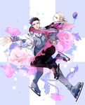  black_hair blonde_hair braid carrying flower green_eyes grey_eyes highres ice_skates male_focus manman_mumu multiple_boys otabek_altin ponytail rose skates smile sparkle yuri!!!_on_ice yuri_plisetsky 