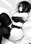  beret black_legwear blush bra breasts curvy endou_(zettai_bluenoid) garter_belt greyscale hat highres kantai_collection lace large_breasts lingerie lying monochrome on_side panties short_hair smile solo takao_(kantai_collection) underwear underwear_only 