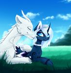  blue_eyes blue_fur day detailed_background dragon duo equine eyelashes eyes_closed feathered_wings feathers female feral friendship_is_magic fur hair hooves horn magnaluna mammal my_little_pony outside princess_luna_(mlp) sky smile white_fur white_hair winged_unicorn wings 