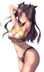  armpits arms_behind_head ass black_gloves black_hair black_panties blush breasts choker cleavage elbow_gloves eyebrows_visible_through_hair eyes_visible_through_hair fate/grand_order fate_(series) gloves groin highres ishtar_(fate/grand_order) large_breasts long_hair looking_at_viewer medium_breasts navel navel_piercing nikuku_(kazedesune) panties piercing purple_eyes red_eyes revision sideboob simple_background single_elbow_glove sketch smile solo standing thighhighs twintails two_side_up underwear white_background 