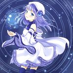  bare_shoulders blue_background blue_eyes blue_hair blue_legwear blush commentary_request detached_sleeves dress frilled_sleeves frills from_side hat looking_at_viewer mito_tsubaki original solo thighhighs white_dress wide_sleeves 