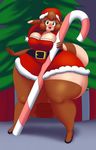  :3 big_breasts breasts brown_fur brown_hair candy candy_cane christmas cleavage clothed clothing costume curly_q eyelashes female food fur furret green_eyes hair hat holidays huge_breasts keijimatsu looking_at_viewer nintendo open_mouth pok&eacute;mon pok&eacute;morph santa_costume santa_hat smile tan_fur thick_thighs tree video_games wide_hips 