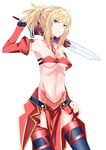  absurdres armor armpits blonde_hair breasts clarent cleavage detached_sleeves fate/apocrypha fate/grand_order fate_(series) gatari green_eyes groin highres long_hair looking_at_viewer medium_breasts mordred_(fate) mordred_(fate)_(all) navel pelvic_curtain sideboob solo sword thighhighs underboob weapon white_background 