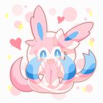  &lt;3 ambiguous_gender big_ears blue_eyes blush bow cute cute_fangs eeveelution feral fur looking_at_viewer nintendo pink_fur pink_theme pok&eacute;mon ribbons simple_background smile solo star sylveon video_games white_fur ねる 