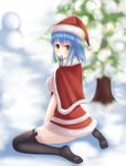  blue_hair blurry blush breasts capelet depth_of_field from_behind fur-trimmed_capelet fur_trim hat highres lanse_dai_mao large_breasts looking_at_viewer looking_back mouth_hold pine_tree prinz_eugen_(zhan_jian_shao_nyu) santa_costume santa_hat short_hair sitting skindentation snowman solo thighhighs thighs tree wariza yellow_eyes zhan_jian_shao_nyu 