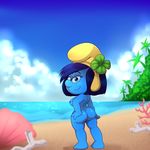  2017 areola beach blue_eyes blue_hair blue_skin breasts butt female hair half-closed_eyes humanoid lonbluewolf looking_at_viewer looking_back nipples not_furry nude pussy seaside solo the_smurfs 