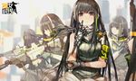  armband assault_rifle black_eyes black_hair clone clothes_around_waist emblem girls_frontline gloves grey_gloves gun headphones highres holding holding_gun holding_weapon jacket jacket_around_waist long_hair m4_carbine m4a1_(girls_frontline) multicolored_hair multiple_girls multiple_persona official_art rifle scarf streaked_hair trigger_discipline walkie-talkie weapon 