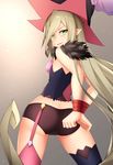  arms_behind_back ass bare_shoulders black_legwear blonde_hair bound bound_wrists from_behind garter_straps green_eyes hat healther long_hair looking_at_viewer looking_back magilou_(tales) mismatched_legwear pink_legwear pointy_ears smile solo tales_of_(series) tales_of_berseria thighhighs thighs very_long_hair witch_hat 