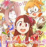  3girls alternate_hairstyle bird chicken chinese_zodiac flower glasses hagoita hair_flower hair_ornament hair_over_one_eye hmng japanese_clothes kagari_atsuko kimono little_witch_academia lotte_jansson multiple_girls mushroom new_year open_mouth paddle pale_skin shiny_chariot smile sucy_manbavaran year_of_the_rooster 