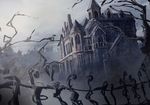  bare_tree fence gothic_architecture grey_sky highres house mansion missile228 no_humans original scenery smoke tree 