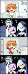  4koma blue_hair blush brynhildr_(fate) chibi comic fate/grand_order fate/prototype fate/prototype:_fragments_of_blue_and_silver fate_(series) fujimaru_ritsuka_(female) glasses hair_between_eyes kaikodou_kana kiyohime_(fate/grand_order) long_hair mash_kyrielight multiple_girls necktie open_mouth orange_hair orange_scrunchie purple_hair red_neckwear riyo_(lyomsnpmp)_(style) scrunchie short_hair side_ponytail speech_bubble sweatdrop translation_request yuri 