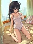  bangs bed bedroom black_hair brown_eyes camisole curtains day full_body girls_und_panzer ikomochi indoors lace lace-trimmed_panties lace-trimmed_shirt long_hair looking_at_viewer no_headwear panties parted_lips pillow reizei_mako shirt sitting solo strap_pull sunlight underwear underwear_only wariza white_panties white_shirt window 