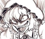  brooch constricted_pupils crazy_eyes crazy_smile greyscale hat jewelry mob_cap monochrome open_mouth puffy_sleeves remilia_scarlet sharp_teeth short_hair sketch solo space_jin teeth touhou 