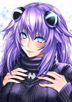  blue_eyes blush braid breasts close-up commentary_request dress fingernails hair_ornament hand_on_own_chest large_breasts lips long_fingernails long_hair looking_at_viewer neptune_(series) nyamota parted_lips purple_hair purple_heart shiny shiny_hair smile solo sweater symbol-shaped_pupils turtleneck twin_braids upper_body 