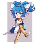  animal_ears arm_support armor blue_eyes blue_hair boots crossed_legs fang gloves grey_background hair_ornament ilris league_of_legends looking_at_viewer pleated_skirt poppy signature simple_background sitting skirt smile solo star star_guardian_poppy twintails 