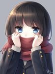  bangs black_hair blue_eyes blush buttons coat covering_mouth dated enpera eyebrows_visible_through_hair grey_background hands_up highres long_sleeves looking_at_viewer makadamixa original red_scarf scarf school_uniform short_hair signature simple_background solo upper_body 