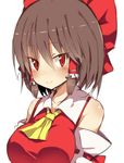  ascot bangs benjamin_button_suukina_jinsei blush bow breasts brown_hair closed_mouth collarbone cookie_(touhou) detached_sleeves eyebrows_visible_through_hair hair_between_eyes hair_bow hair_tubes hakurei_reimu highres large_breasts looking_at_viewer red_bow red_eyes reu ribbon-trimmed_sleeves ribbon_trim sidelocks simple_background smile solo touhou tsurime upper_body white_background 