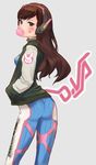  ass bodysuit brown_eyes brown_hair bubble_blowing chewing_gum clothes_writing d.va_(overwatch) english facial_mark from_behind hands_in_pockets headphones highres jacket letterman_jacket long_hair looking_at_viewer looking_back natsuhara overwatch simple_background solo sweater_vest whisker_markings 