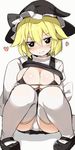  ass bangs benjamin_button_suukina_jinsei black_bikini_top black_eyes black_footwear black_hat black_skirt blonde_hair blush breasts clothes_lift commentary_request cookie_(touhou) eyebrows_visible_through_hair full_body grey_background hair_between_eyes hat heart heart-shaped_pupils kirisame_marisa large_breasts looking_at_viewer mary_janes micro_bikini_top panties pleated_skirt shadow shoes short_hair simple_background sitting skirt sleeves_past_fingers sleeves_past_wrists smile solo symbol-shaped_pupils thighhighs thighs touhou underwear white_legwear white_panties witch_hat yuuhi_(cookie) 