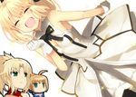  :d ^_^ ahoge artoria_pendragon_(all) bangs bare_shoulders black_ribbon blonde_hair blush breasts chibi chibi_inset closed_eyes commentary_request detached_collar dress dutch_angle eyebrows_visible_through_hair facing_viewer fate/apocrypha fate/stay_night fate/unlimited_codes fate_(series) gloves green_eyes hand_up jitome looking_at_another medium_breasts mordred_(fate) mordred_(fate)_(all) multiple_girls open_mouth parted_lips ponytail ribbon saber saber_lily shiime simple_background smile solo_focus white_background white_dress white_gloves 
