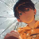  bangs black_hair blue_eyes blurry buttons closed_mouth depth_of_field fingernails free! from_below frown hair_between_eyes hana_bell_forest holding holding_umbrella looking_at_viewer looking_down male_focus nanase_haruka_(free!) raincoat solo transparent transparent_umbrella umbrella upper_body water 