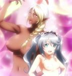  2girls bikini_warriors breasts cleric_(bikini_warriors) dark-skinned_female dark_elf_(bikini_warriors) dark_skin huge light-skinned light-skinned_female multiple_girls nipples nude screen_capture small_breasts 